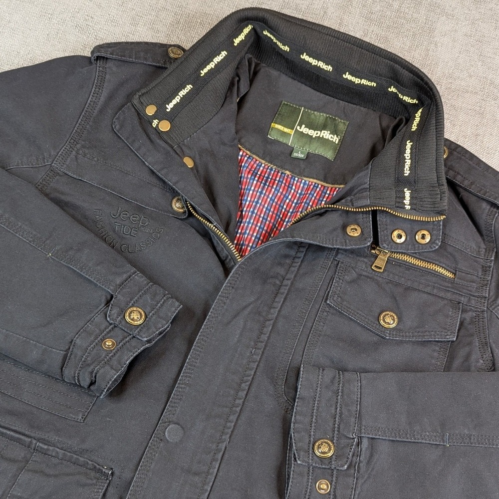 JeepRich Field Jacket Mens L Black Military Utility Canvas Multi-Pocket Coat